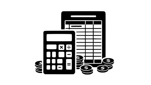 Black silhouette calculator with coins stacks and financial spreadsheet document icon, accounting and budget symbol isolated on white background