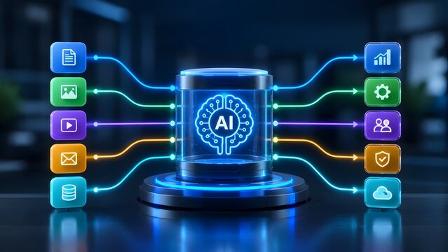 Futuristic artificial intelligence data processing cylinder converting media inputs into business analytics and cloud security