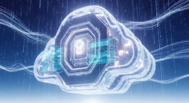 Glass cloud computing icon with padlock symbol illustrates secure data storage.