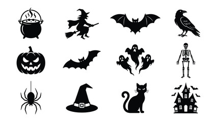 Obraz premium Halloween icons set with witch, jack-o-lantern, bats, and haunted house