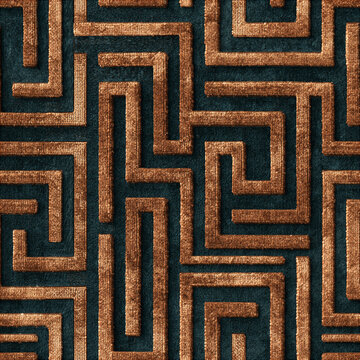 Seamless pattern luxurious bronze velvet fabric presenting a greek key meander pattern with a teal background, offering an elegant geometric texture