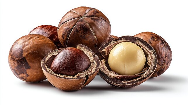 Close up of fresh macadamia nuts against a white background for food photography