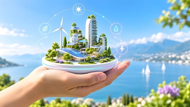 Sustainable eco-friendly futuristic city model with renewable energy sources held in hand over coastal landscape.