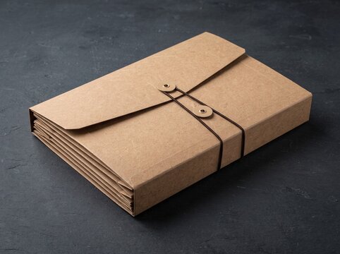 A closed brown cardboard accordion file folder with a string tie closure, presented on a dark textured background.