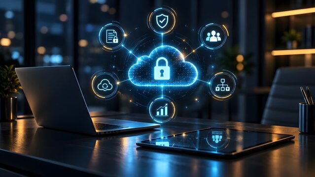 Digital cloud security concept with glowing padlock hologram and data protection network icons hovering over a laptop on a modern office desk.