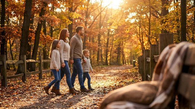 Happy family with two children enjoying a peaceful autumn walk through a golden forest park during sunset light.