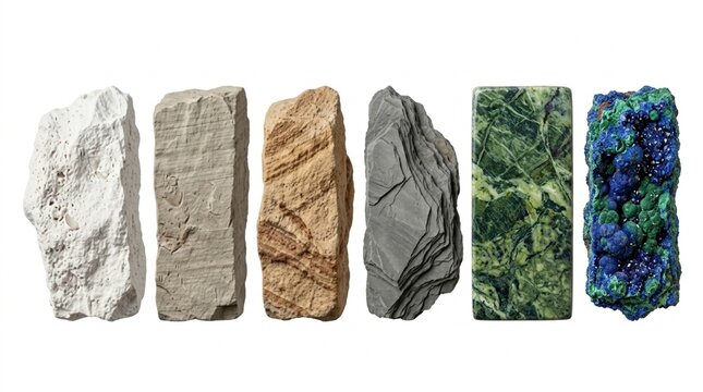 Collection of various mineral stones and rock samples isolated on white