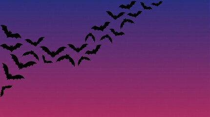 Obraz premium Halloween bats silhouette against a magenta to indigo gradient sunset sky, copy space