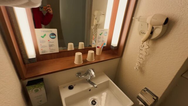 A person opens the white door into a clean hotel bathroom equipped with a washbasin, large mirror, hairdryer, toilet, towels, and bathtub with frosted glass shower folding screen.

