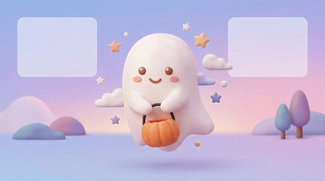 Adorable friendly ghost with pumpkin pail in pastel twilight, ideal for Halloween and cute designs.