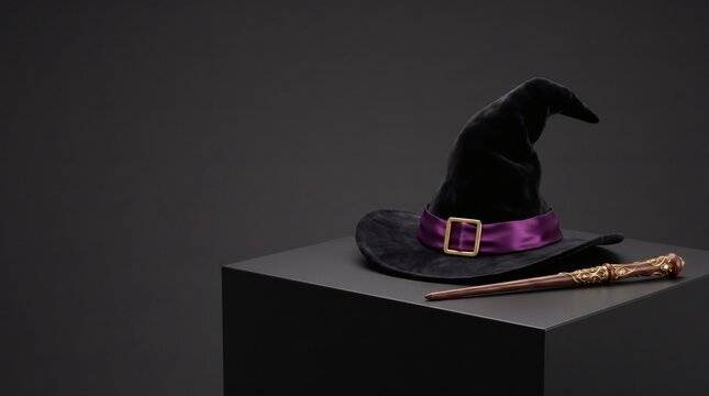 Elegant black witch hat with purple ribbon and gold buckle beside magic wand on podium. Copy space.