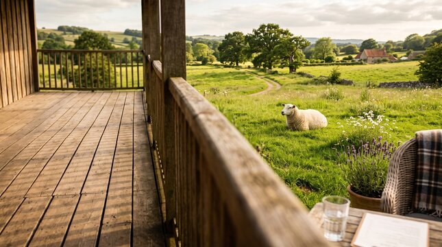 ウッドデッキの向こうの牧草地ででのんびり過ごす羊の温もりある写真（左側余白）