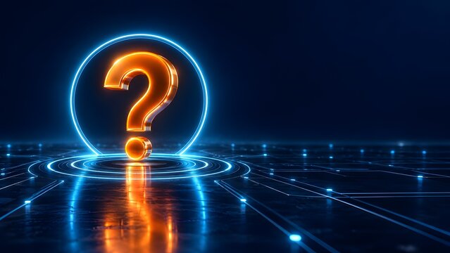 Golden question mark surrounded by glowing neon circle on futuristic circuit board floor illustrating digital problem solving