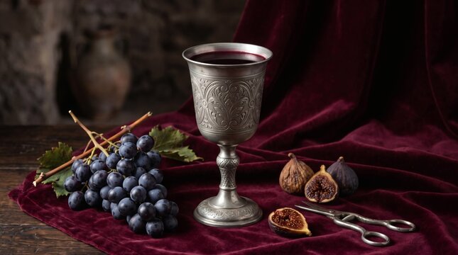 Vintage pewter goblet with dark crimson drink, grapes, figs and scissors on velvet