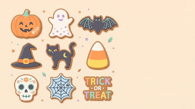 Cute Halloween cookies collection: pumpkin, ghost, bat, cat, candy corn, sugar skull, spiderweb, witch hat.