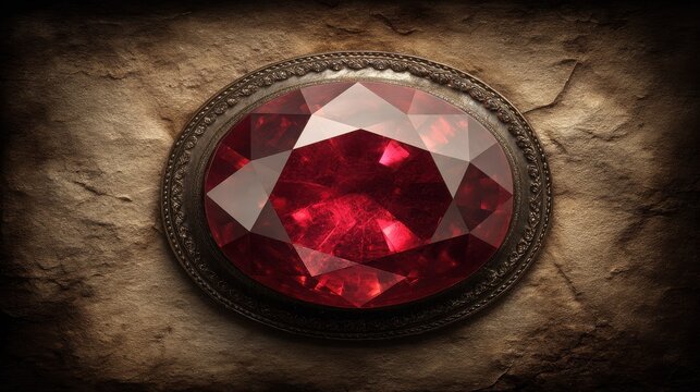 An oval deep red garnet gemstone set in an ornate antique metal frame, exuding vintage luxury.