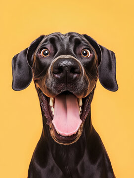 Funny surprised dane dog opening mouth and making a face on orange background