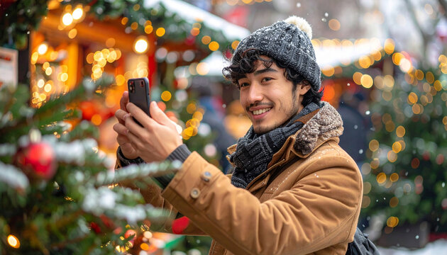 Young man taking smartphone pictures at christmas market