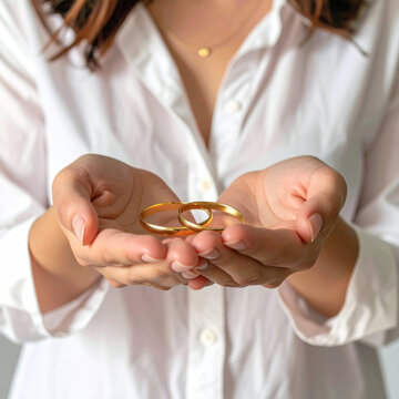 Woman holding golden wedding rings symbolizing commitment