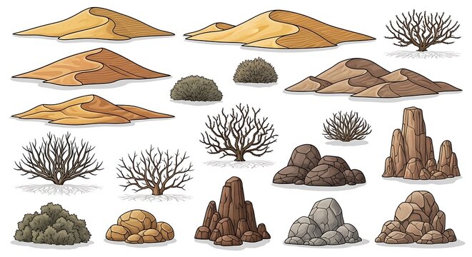 Set of cartoon desert sand dunes rocks and dry bushes for game design