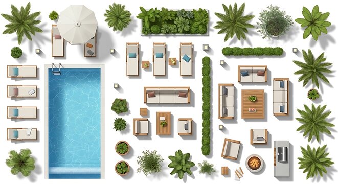 Top view of swimming pool and garden furniture for architecture plan
