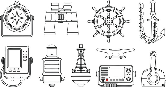 Nautical Equipment and Boat Navigation Marine Vector Line Icon Set Featuring Compass Binoculars Ship Wheel Anchor Sonar Radio Buoy and Throttle