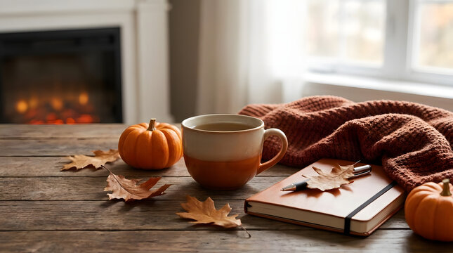 Cozy autumn still life with a warm cup of tea, pumpkins and a notebook by a glowing fireplace in a living room.