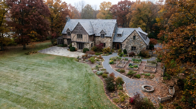 An elegant stone manor sits nestled among vibrant autumn trees with a beautifully landscaped backyard garden.