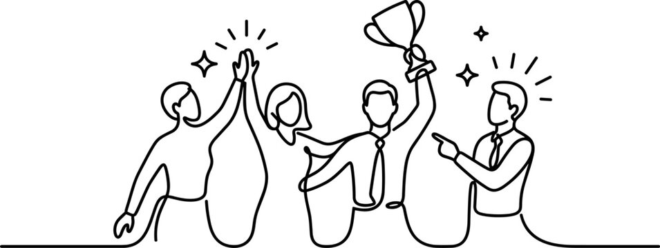 Team Celebration Business Success with Trophy and High Fives