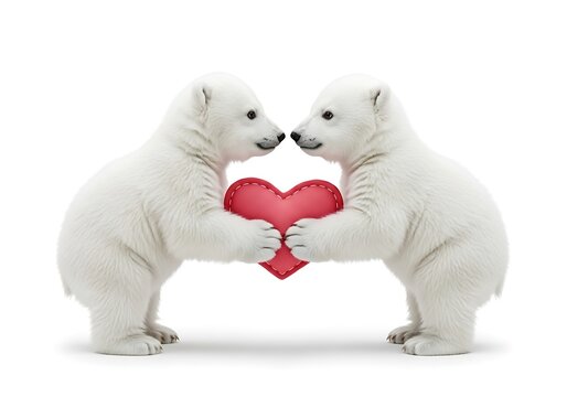 Two polar bears holding red heart together