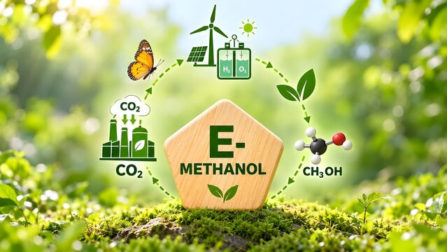 Green E-Methanol Production Concept with Renewable Energy Windmills, Solar Panels, CO2 Reduction, and Circular Economy Symbols in a Sunny Nature Background