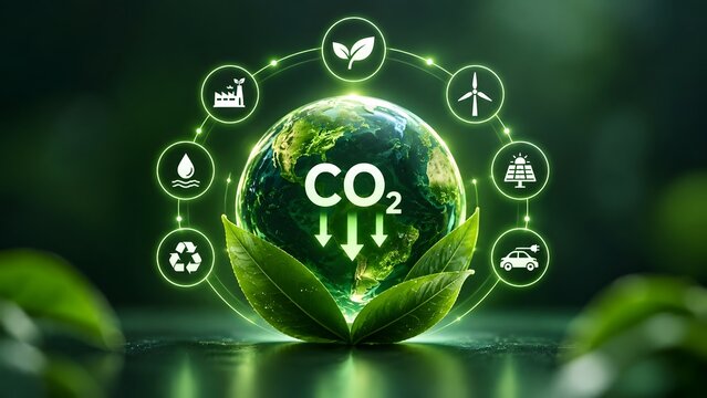 Green earth globe with leaves and downward CO2 arrows highlighting carbon emission reduction and sustainable eco friendly alternative energy solutions