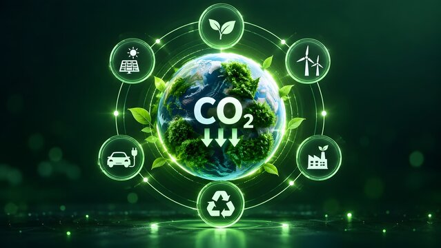 Globe with green leaves and downward CO2 arrows surrounded by glowing eco friendly renewable energy icons representing carbon emission reduction and environmental sustainability