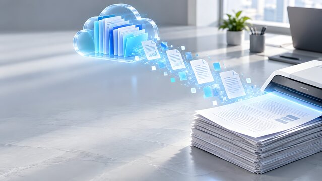 Office printer scanning physical paper documents directly into a glowing holographic cloud storage folder