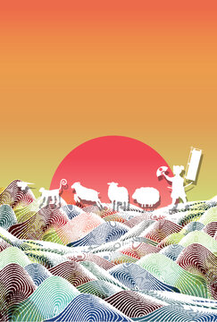 日本の切り絵風の風景 カラフルな丘とシルエットと日の出