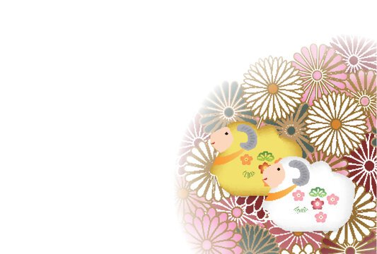 華やかな和柄の花模様と可愛いマスコットの装飾デザイン