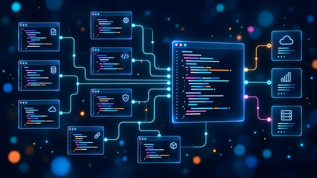 Complex cloud computing and software architecture concept with multiple code windows connecting to central processing unit floating on dark blue space background