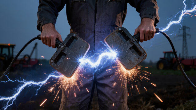 Electric welding worker lightning spark metal