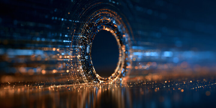 Futuristic abstract portal with luminous light lines in a digital environment