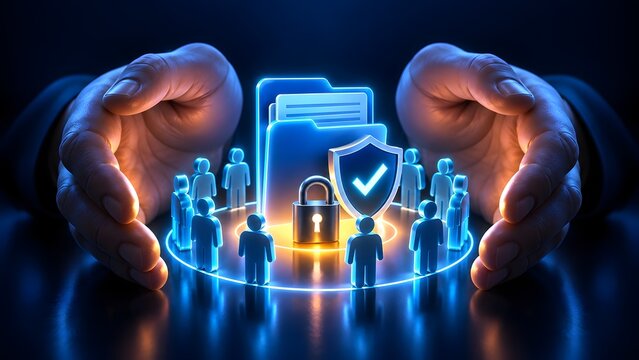Two glowing hands protecting secure digital document files with shield padlock and team user network icons