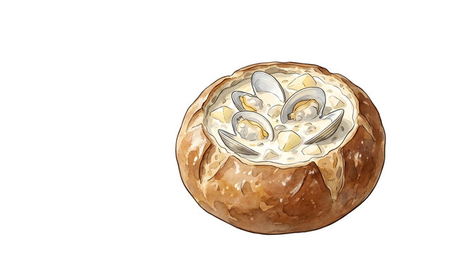 Watercolor clam chowder in bread bowl on white background