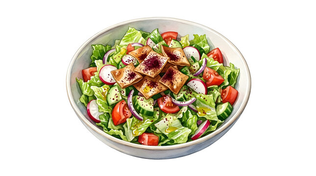 Watercolor illustration of Fattoush salad bowl on white background