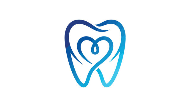 Modern dental logo design featuring a blue tooth shape integrated with a stylish heart outline symbol