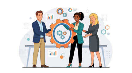 Obraz premium Teamwork and Collaboration Concept: Diverse Business People Assembling a Giant Gear