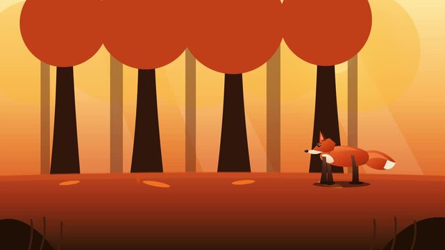 Cute Cartoon Fox Running Through A Stylized Autumn Forest