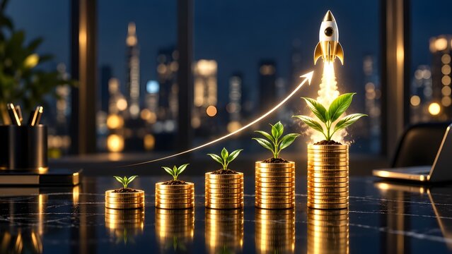Financial business growth concept with stacks of gold coins growing plants and a space rocket launching against a city skyline