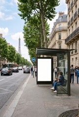 Obraz premium Blank vertical billboard mockup on a modern bus stop shelter on a Parisian street with pedestrians, city traffic, and the Eiffel Tower in the background.