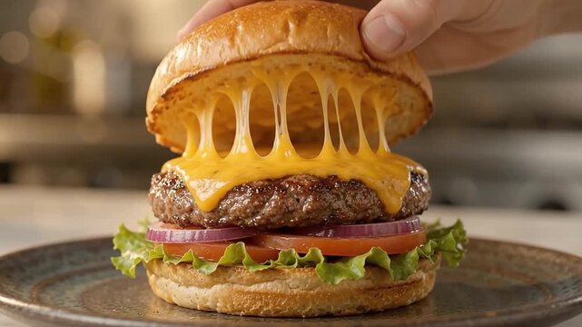 Hand lifting top bun of juicy beef cheeseburger showing melted cheese pull on ceramic plate in kitchen