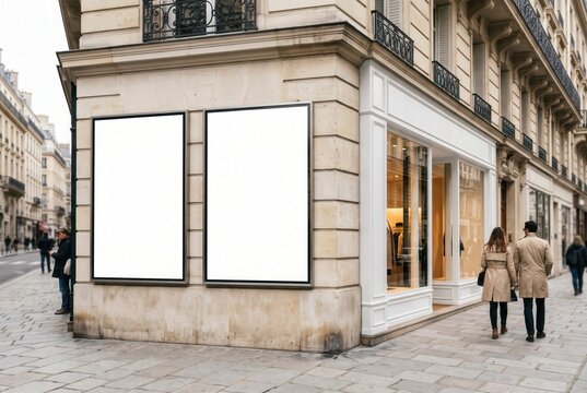 Two blank vertical billboards on an elegant European city street corner building, located next to a bright retail storefront with pedestrians passing by. Ideal mockup.