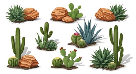 Fototapeta premium Diverse cactus plants arranged in natural desert terrain with varied textures and heights